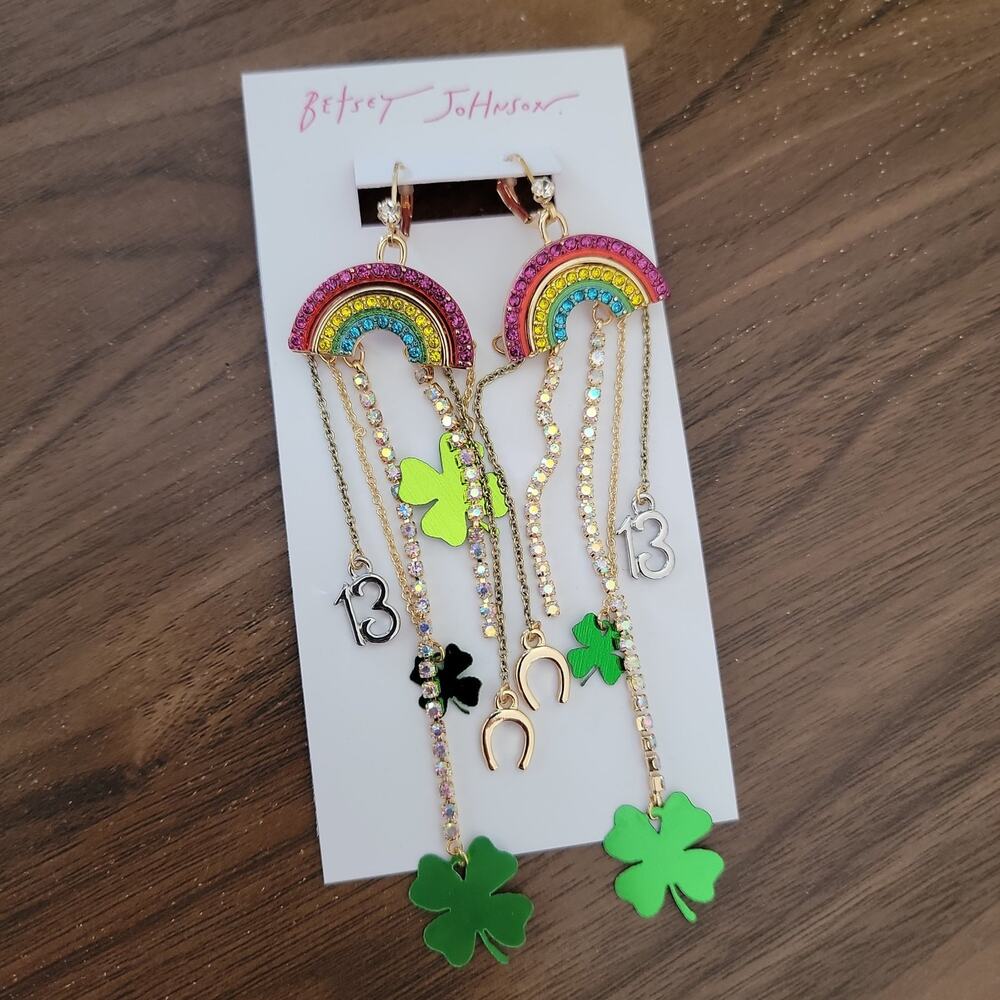 Betsey Johnson Rainbow & Clover Dangle Earrings NWT